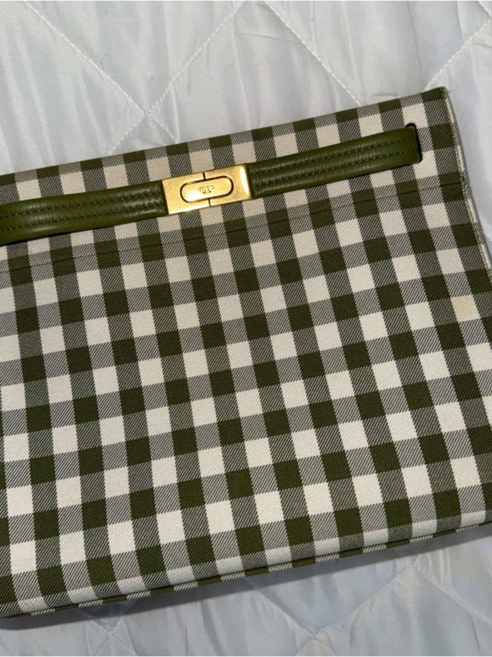 Authentic Tory Burch Green Gingham Canvas Petite Lee Radziwill